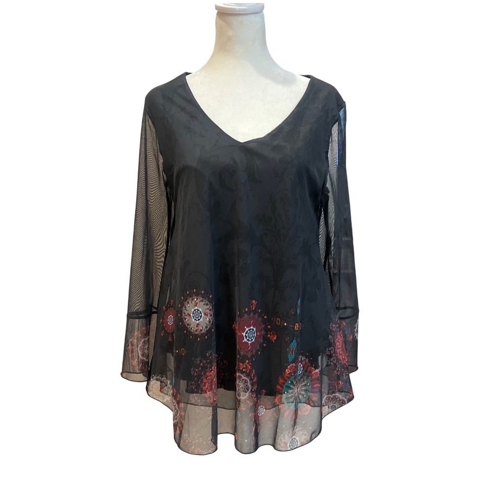Desigual Sheer Mesh Tunic Top Black Floral Print V Neck Bell Sleeve Size M‎ Y2K